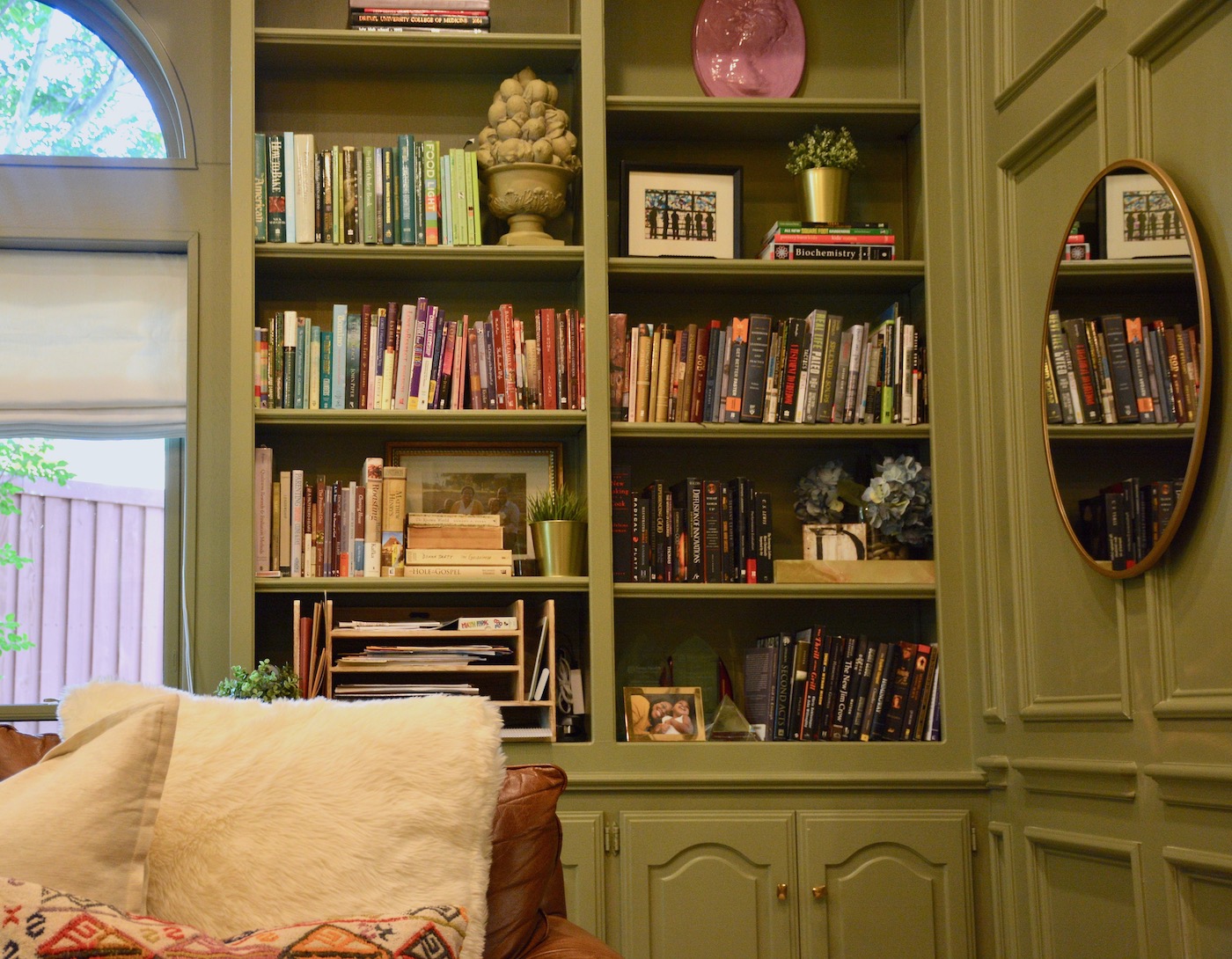 built-in-shelves-olive-green-paint-study-design