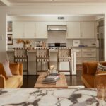warm white kitchen open to a luxurious bar sitting area. dallas texas interior designer houston