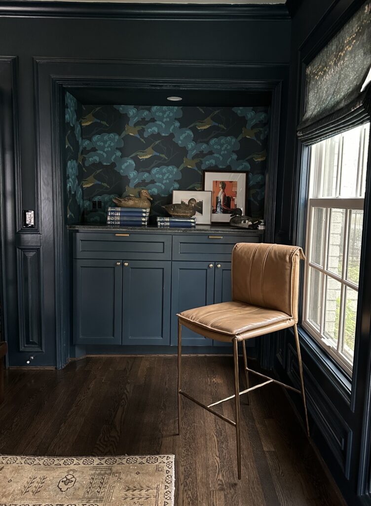 duck wallpaper and deep blue tones set the tone for a houston billiard room Elizabeth Design