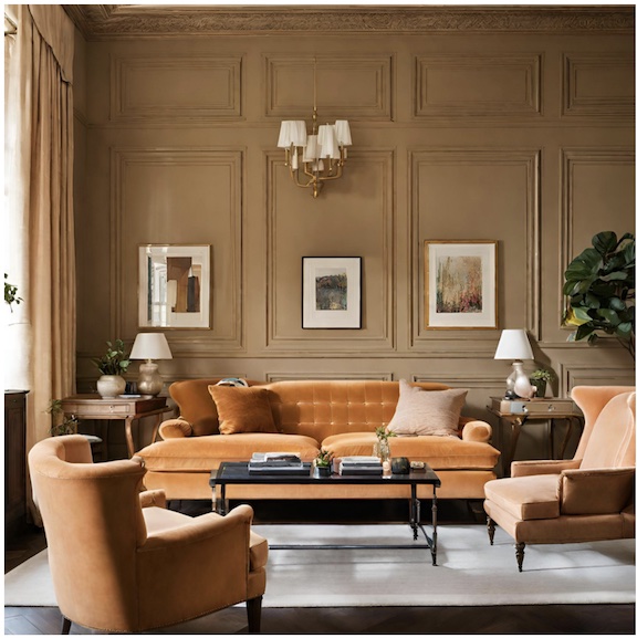 paneled living room painted light brown, tufted gold velvet sofa and peach velvet arm chairs