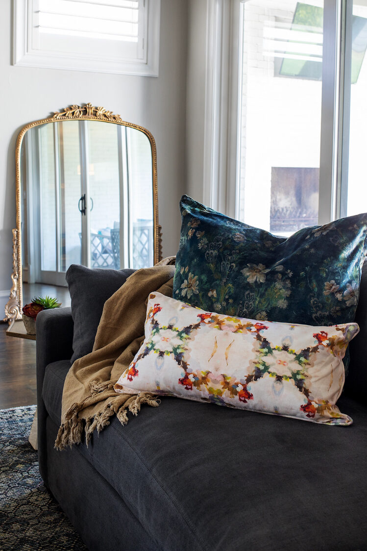 Gold Frame Mirror Leaning Sofa Accent Pillows Dallas Interior Designer Custom Homes queens velvet laura park
