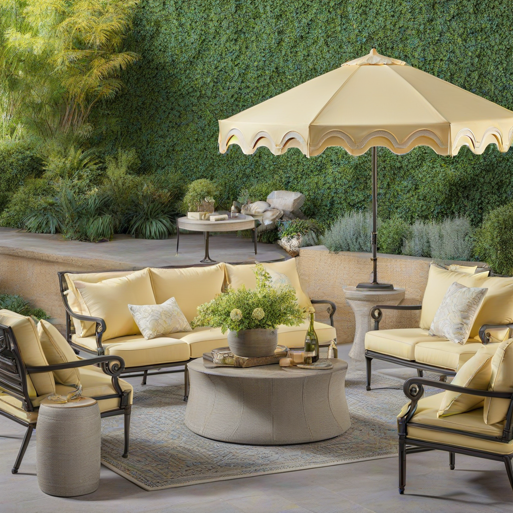 soft yellow patio furniture, metal frame chairs with a scalloped umbrella