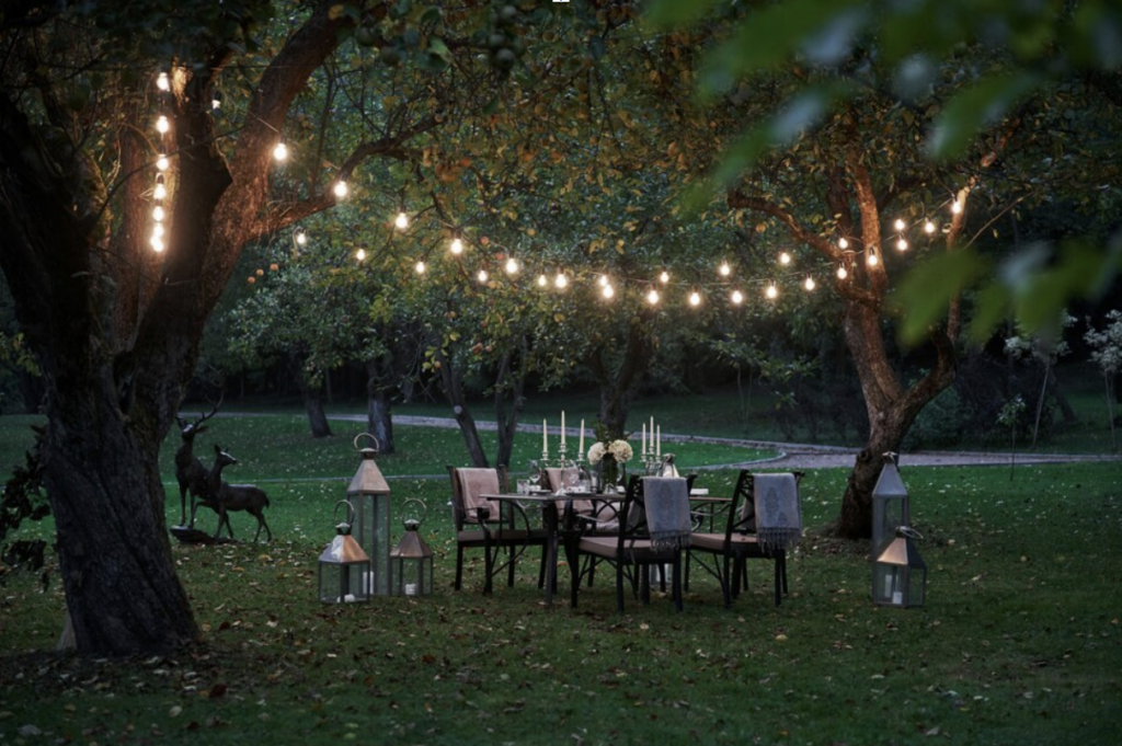 outdoor seating with fairy lights