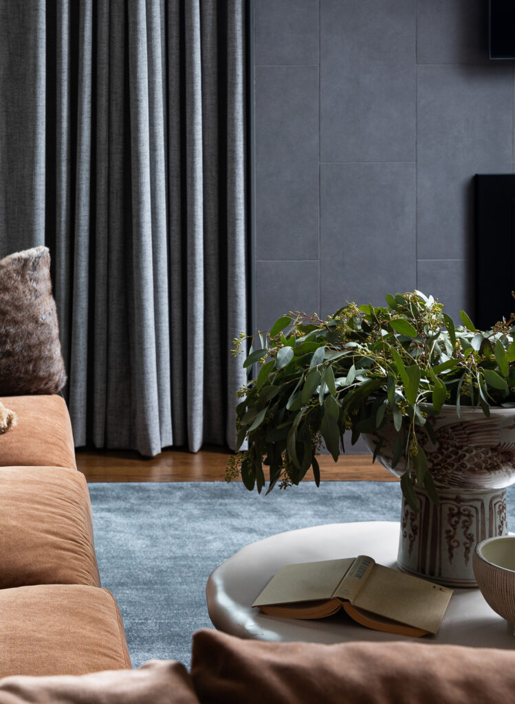 Dallas Town Home 75206 with dark gray walls, rich drapery, mocha velvet sofa and luxury details