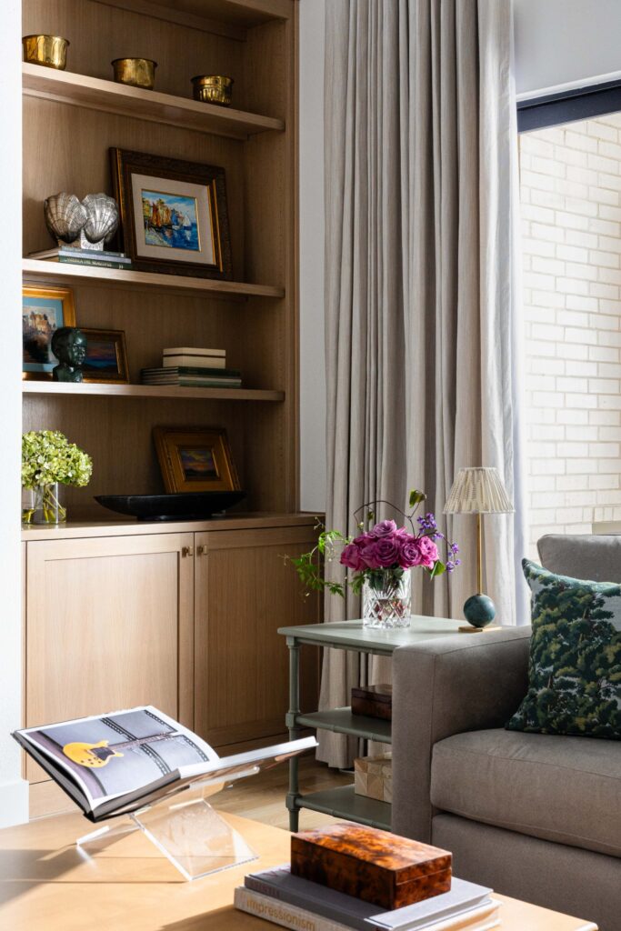 Drapery Stained Wood Bookshelf by award winning dallas designer Elizabeth Ryan