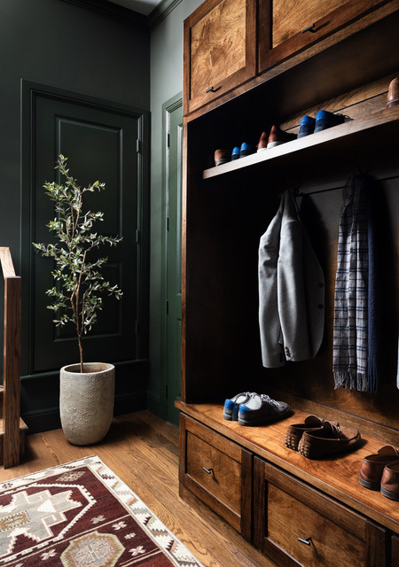 Mudroom: Built-in mudroom bench with drawers and hooks, Dallas home renovation