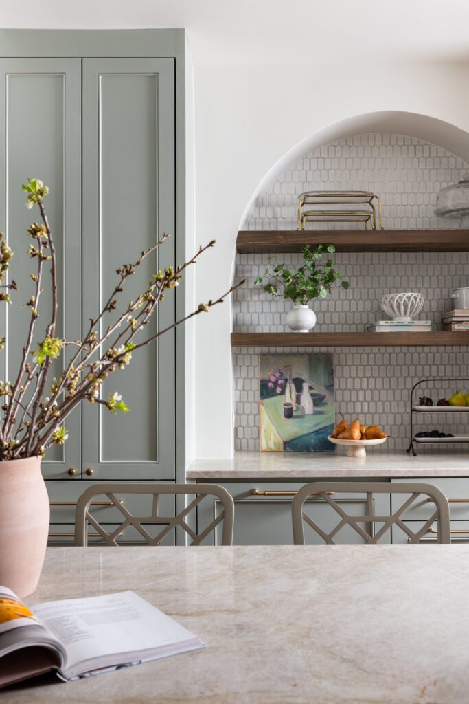 Kitchen section: Sage green kitchen cabinets with brass hardware, Richardson Texas home renovation