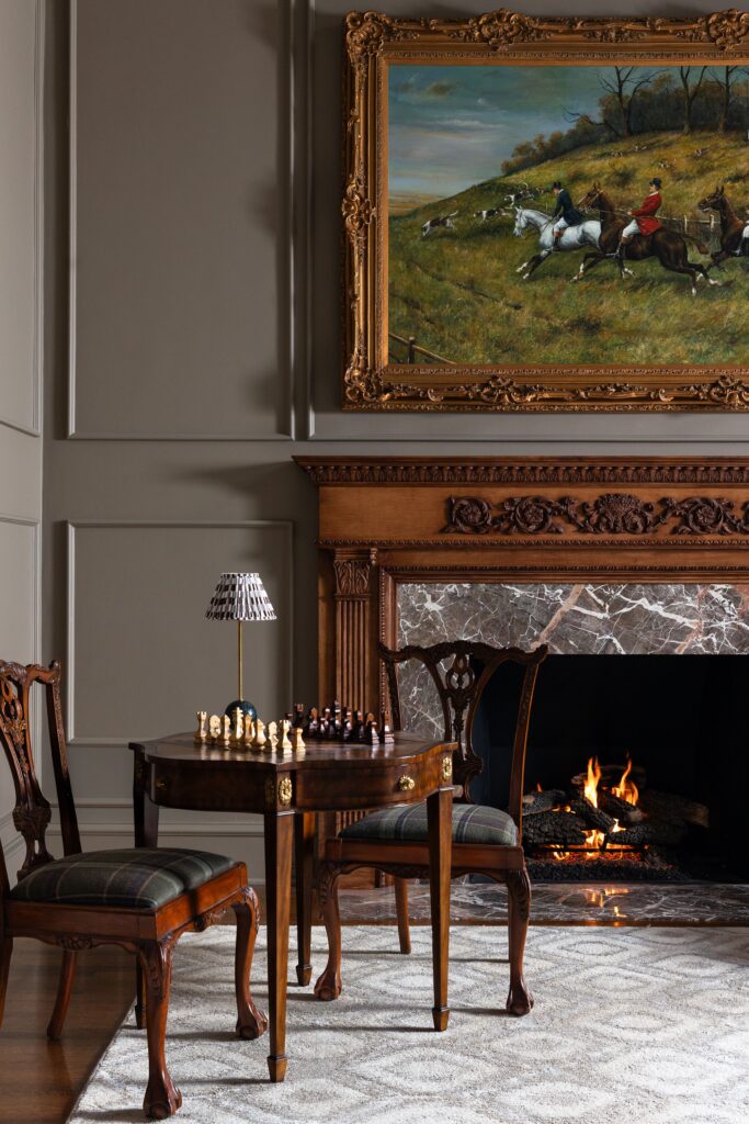 Formal living room with marble fireplace and wall paneling, Preston Hollow Dallas interior design
