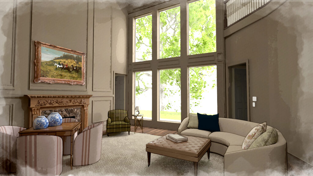 Interior design rendering of formal living room, Preston Hollow Dallas renovation
