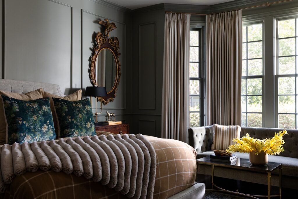 
Primary bedroom design with layered textiles, Elizabeth Ryan Interiors Dallas