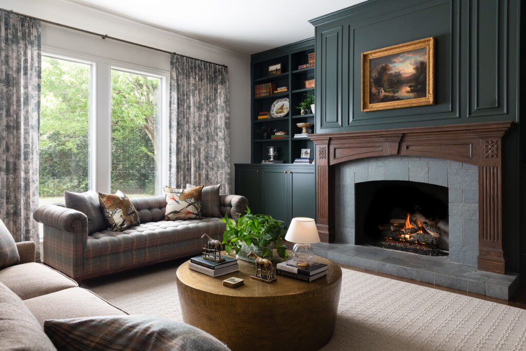 Traditional Family Room Green Millwork Fireplace Dallas.jpg